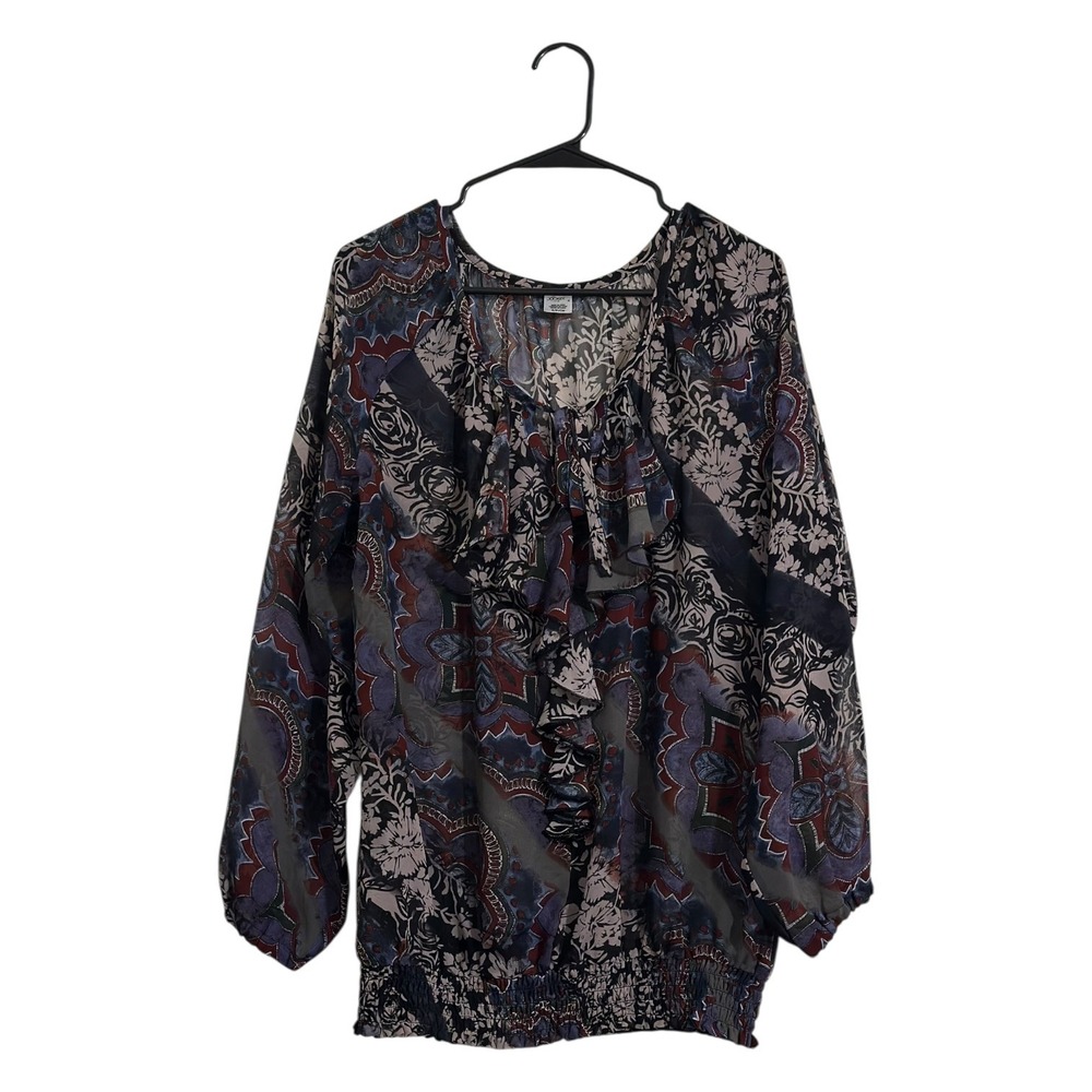 Jockey Person to Person Sheer Floral Ruffle Blouse Blue Burgundy Women's Size S